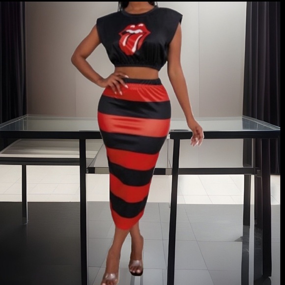 2pc Skirt Set 💋 👅 Rolling Stones Lips Crop Top Red & White Striped Long Skirt - Picture 3 of 11